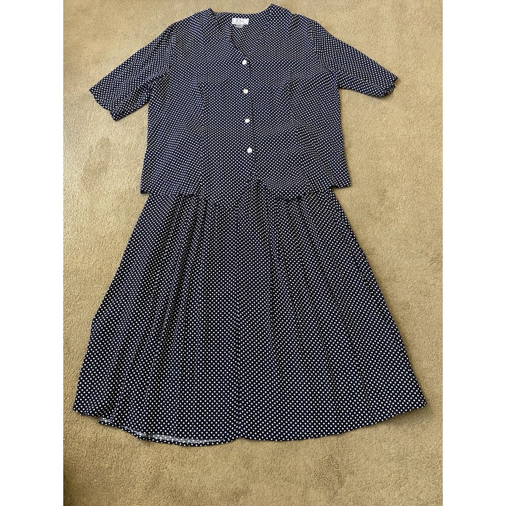 Vintage Lee David 80’s Skirt Suit Set Navy White Polka Dot Grandmacore Size  20W